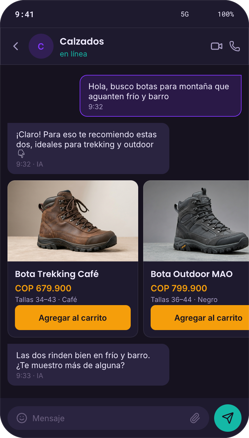 Conversación WhatsApp: clienta pregunta por Ref 224 talla 38; el agente de Calzados consulta el catálogo real y verifica disponibilidad de variantes
