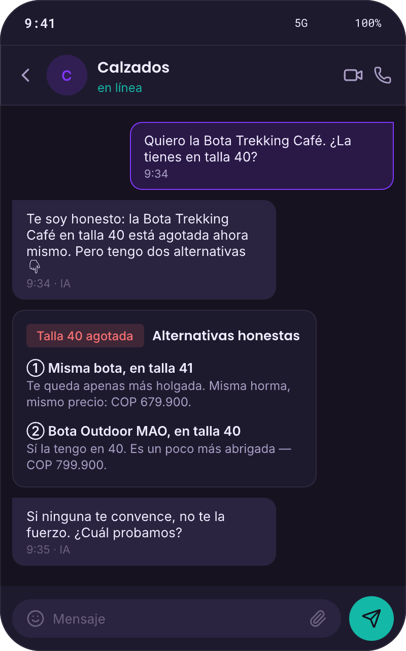 Conversación WhatsApp: la talla 38 en Café no está disponible; el agente de Calzados propone sustitución razonada con la talla 37 en Café y la 38 en Negro como opciones concretas